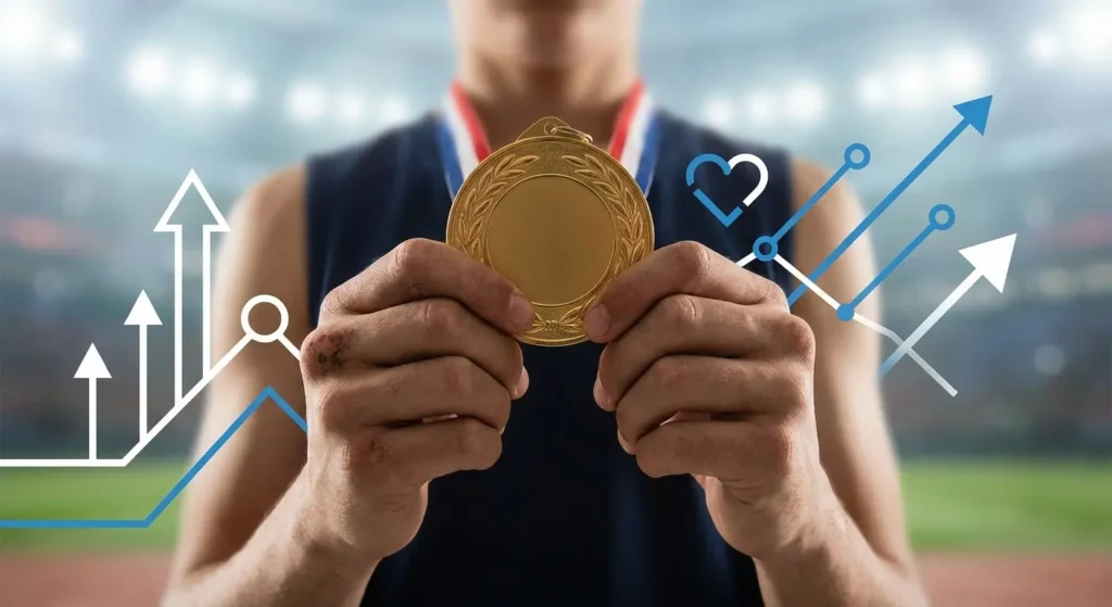 Foto de um atleta segurando medalha de ouro. Alguns efeitos de gráficos sobre a foto. Foto ilustrativa para postagem sobre Brand Equity.