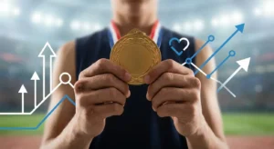 Foto de um atleta segurando medalha de ouro. Alguns efeitos de gráficos sobre a foto. Foto ilustrativa para postagem sobre Brand Equity.