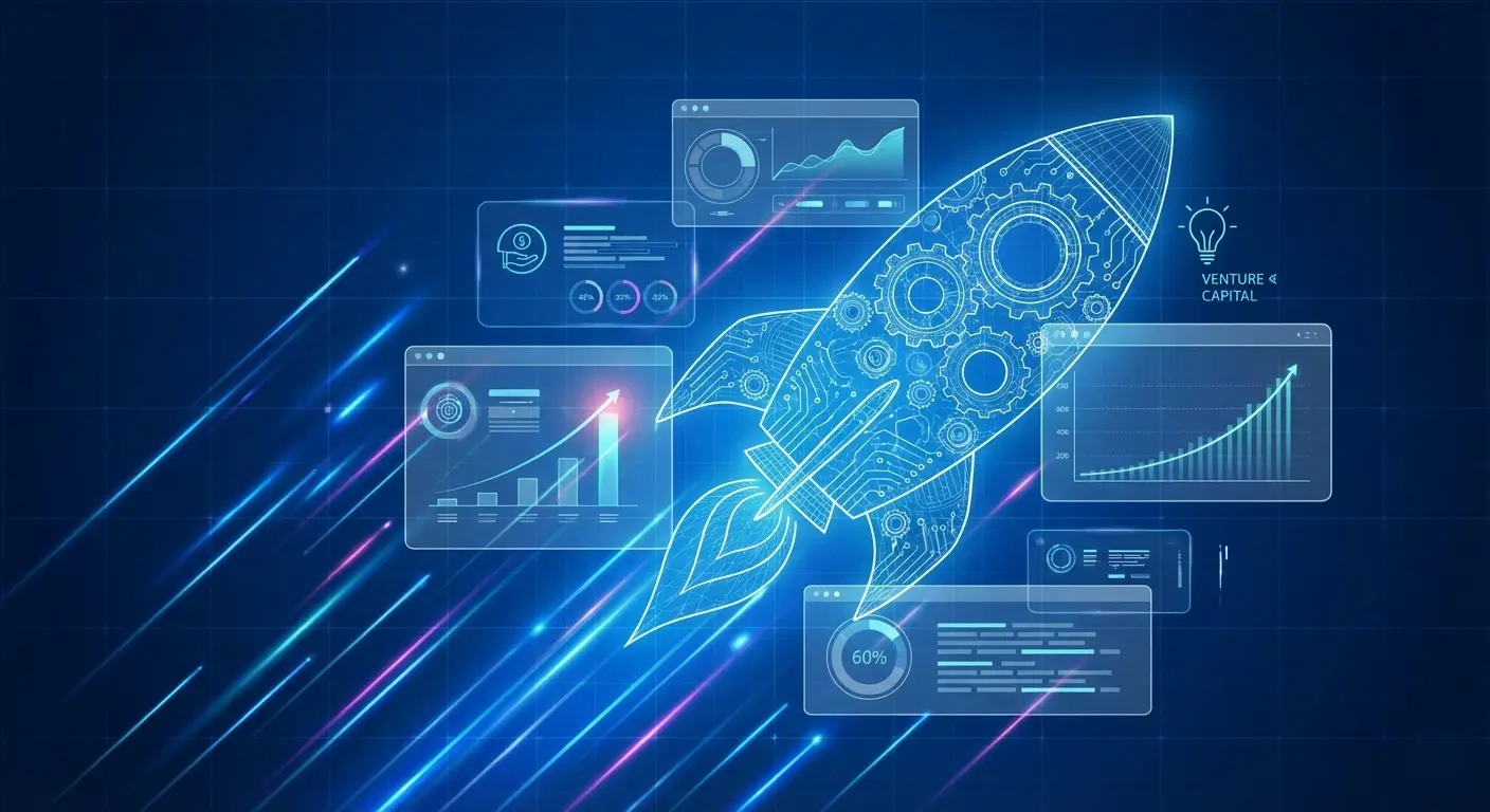 Ilustração de um foguete ao centro sobre gráficos abertos em janelas. Absolutamente tudo apenas um traços luminosos sobre um fundo azul. Criado para postagem sobre anatomina de startups.