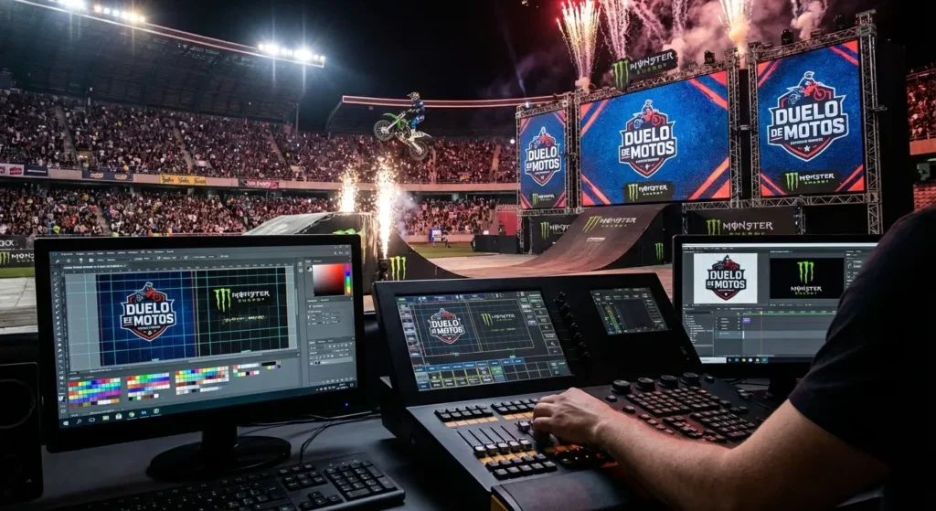 Foto de bastidores e produção com design, branding e marketing voltados para eventos esportivos.