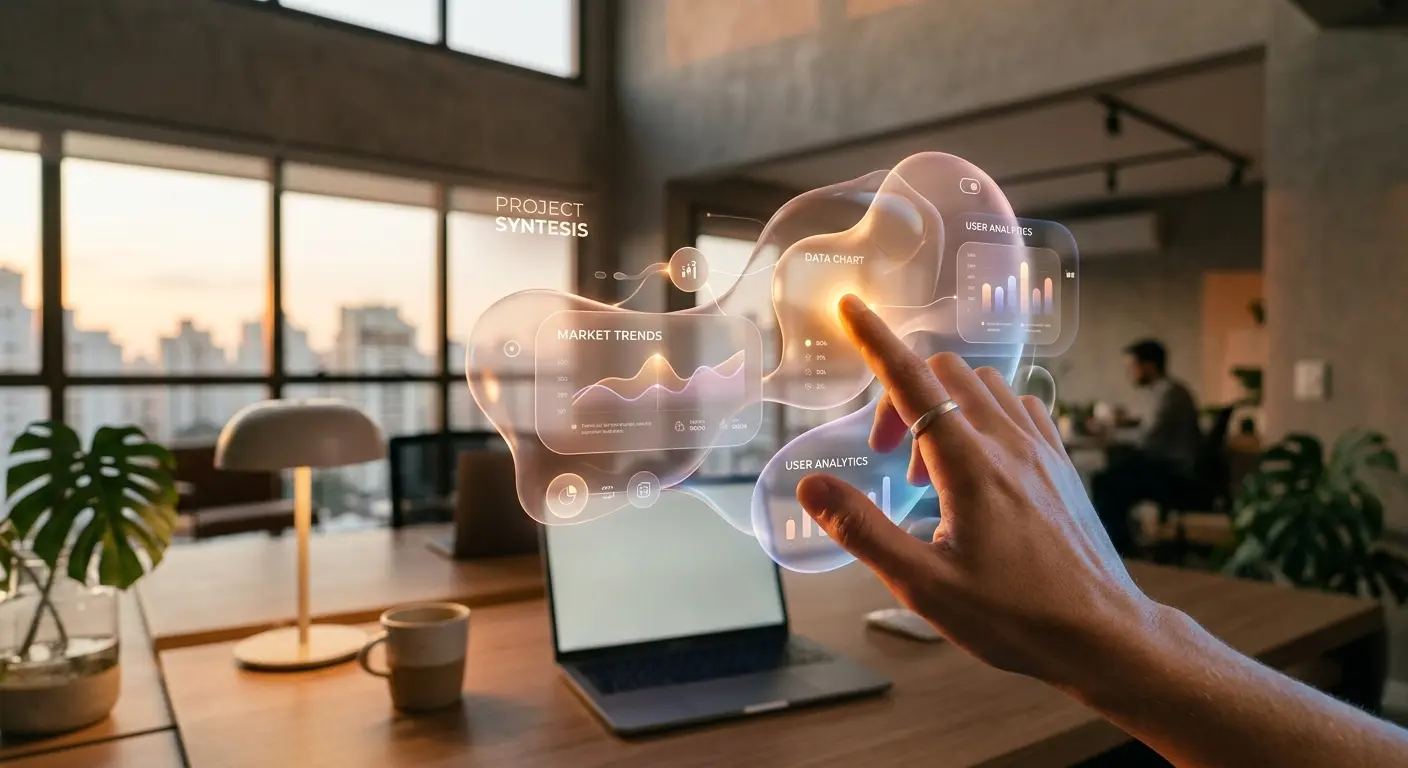 Foto na perspectiva (ponto de vista) de quem esta usando óculos de realidade aumentada. Sua mão está tocando uma projeção luminosa de um painel gráfico no ar. Mantendo ao fundo o ambiente real de um escritório de uma casa com notebook sobre a mesa. Com ponto importante que é a iluminação da projeção virtual também iluminando a mão real da pessoa, para exemplificar Design de Presença.