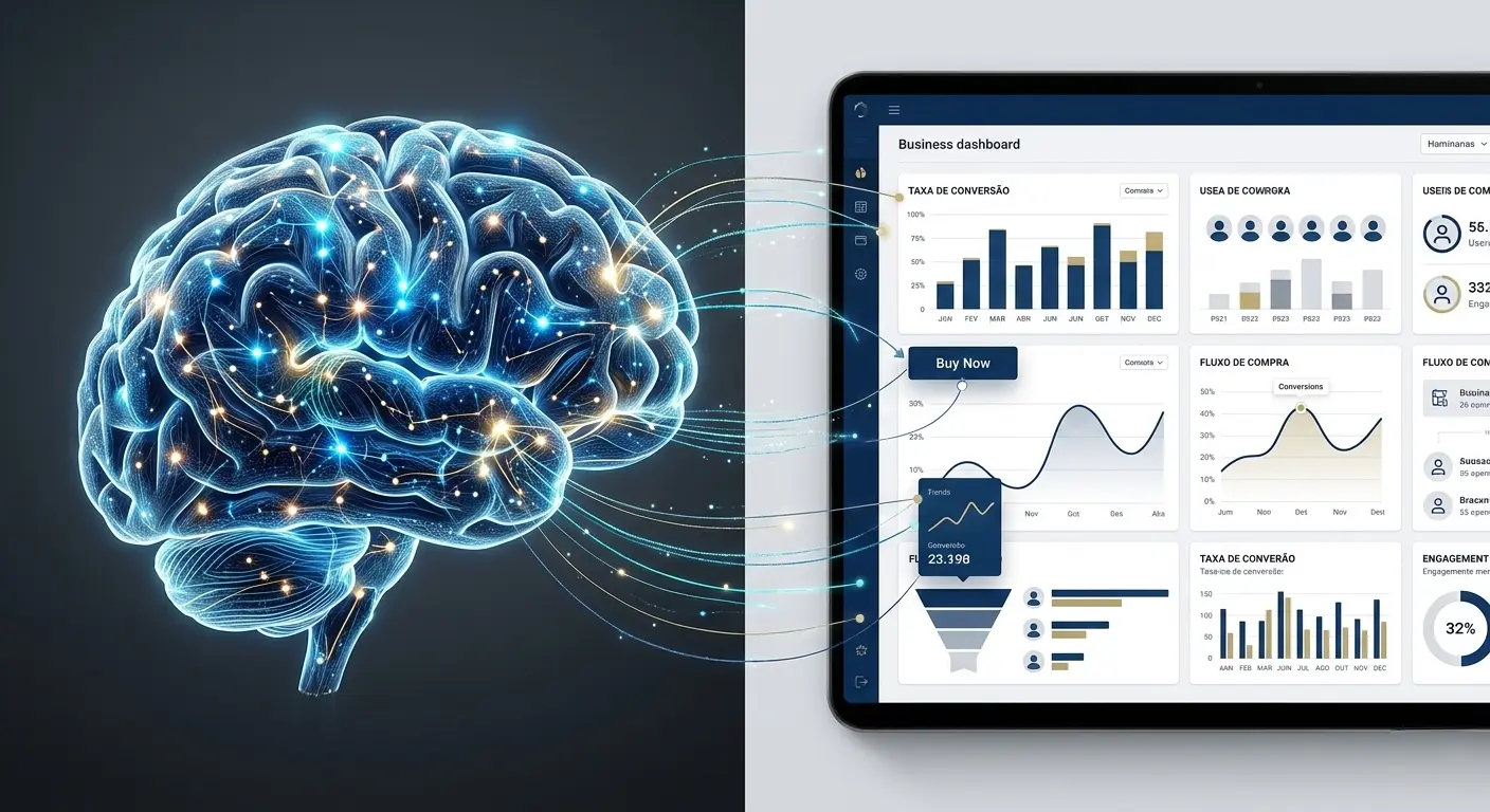Ilustração de um cérebro com ligamentos com efeitos de linhas iluminadas, se ligando à um dashboard e gráficos em uma tela. Representando o Neurodesign e a percepção humana para alavancar os negócios no design gráfico, marketing, social media.