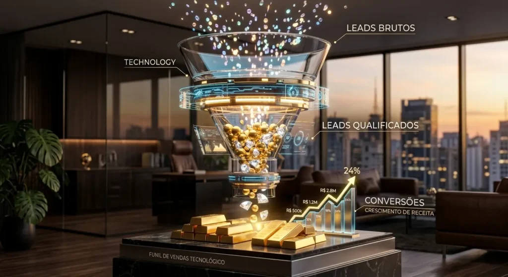 Imagem gerada por ai de um funil de vendas com conversões. Transformando em riquezas dos negócios no mercado.