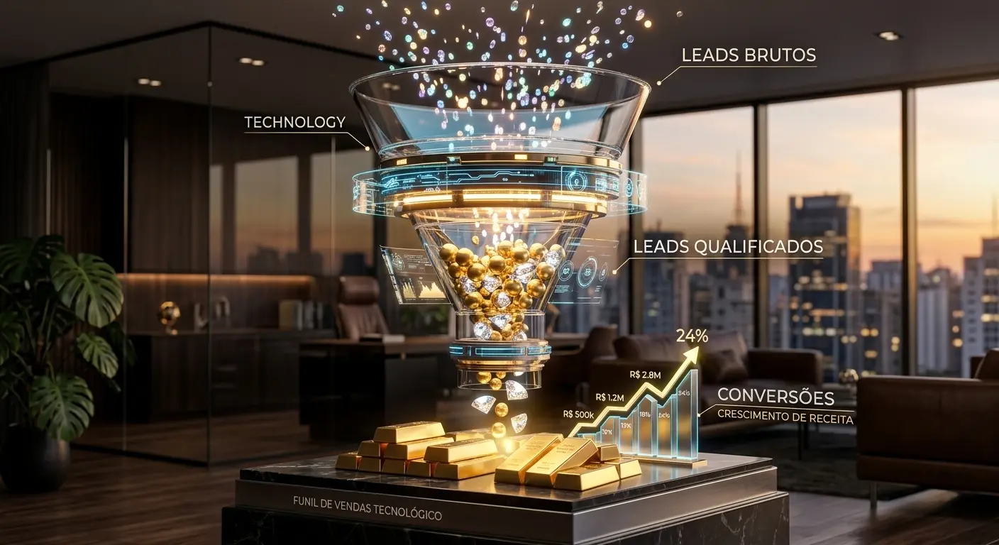 Imagem gerada por ai de um funil de vendas com conversões. Transformando em riquezas dos negócios no mercado.